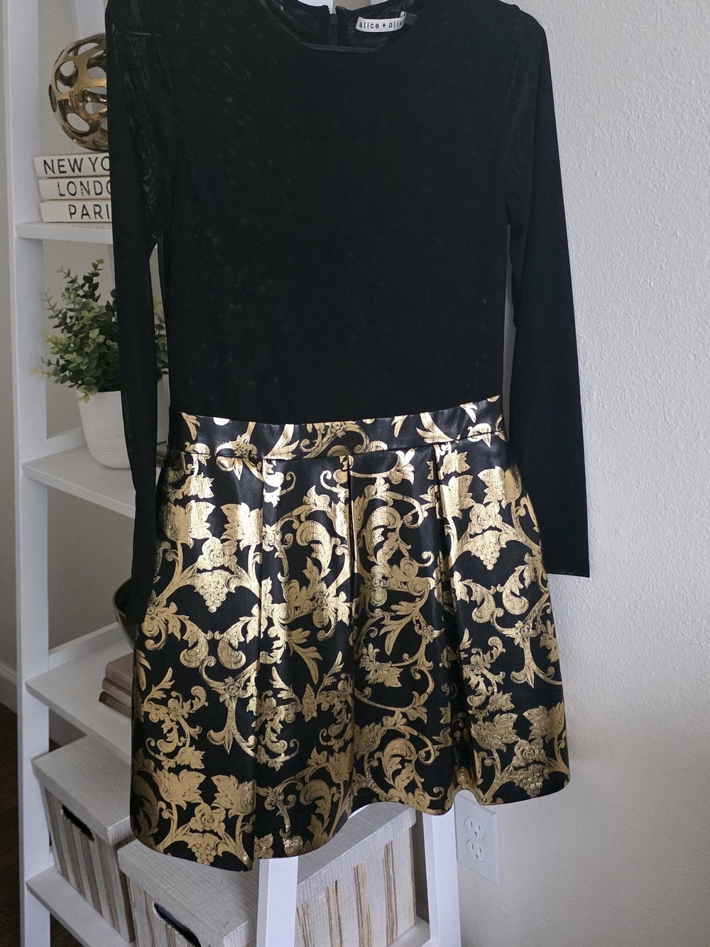 Alice + Olivia Black and Gold Baroque Fit-and-Flare Dress